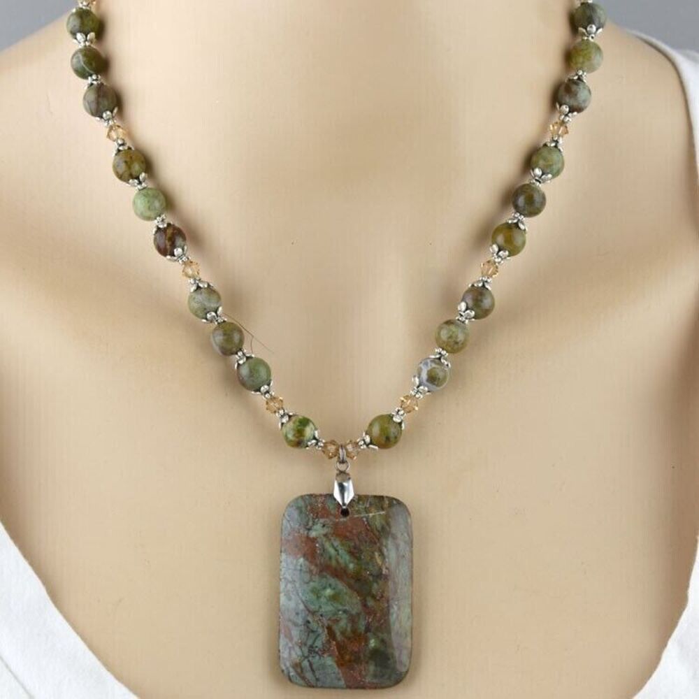 Handcrafted Necklace Earring Green Opal Accented with Swarovski Crystals Pendant
